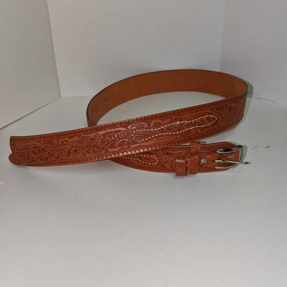 Vintage Hand Tooled Leather Belt Top Grain Steer Hide Tan Unisex - Picture 9 of 9